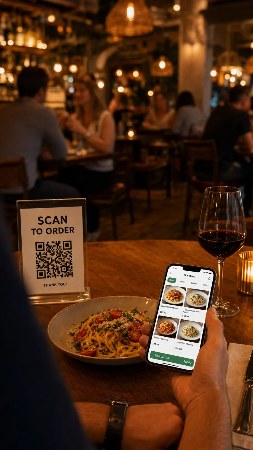 Customer scanning a QR code to order from a restaurant menu