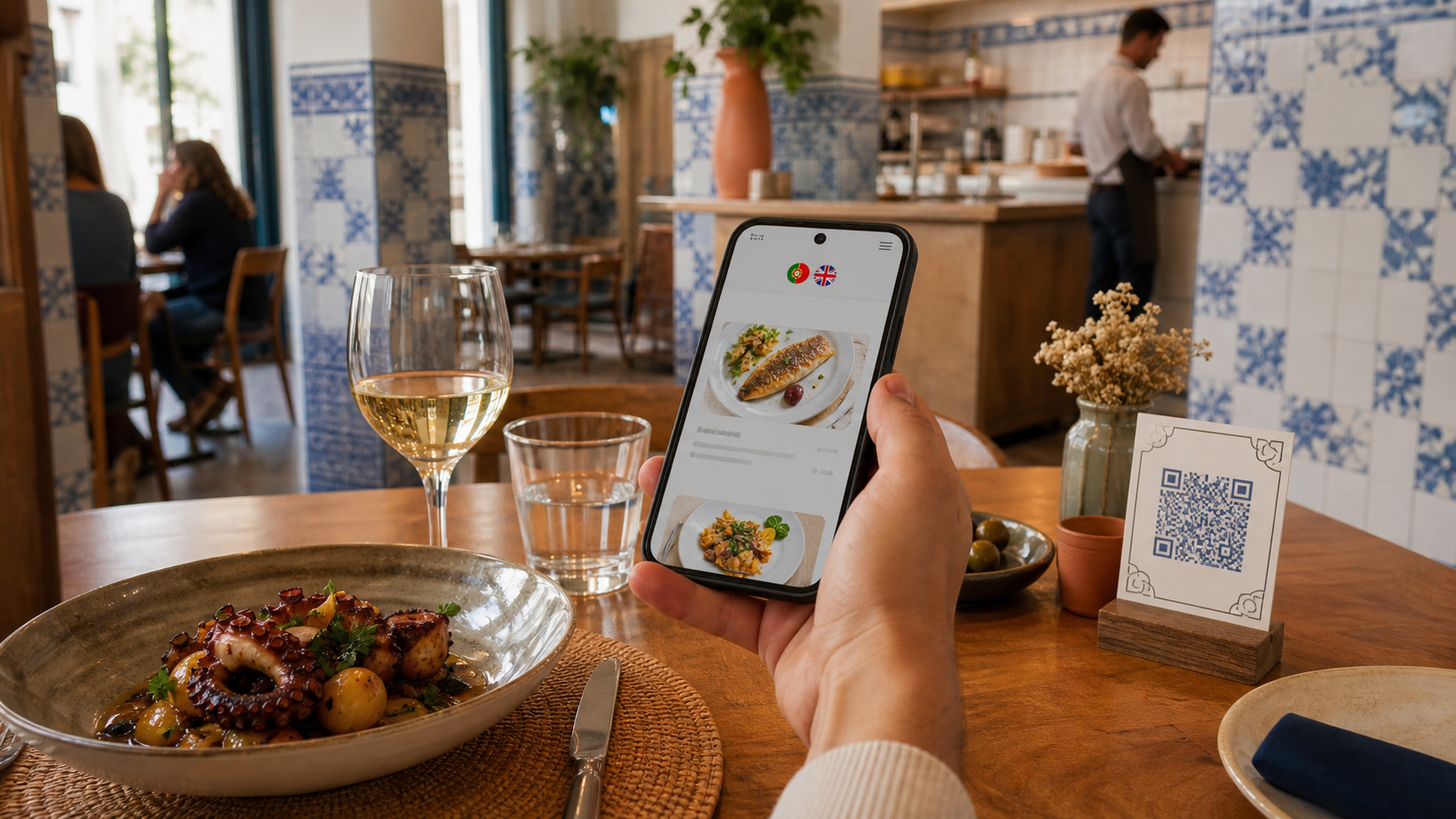 Cliente num restaurante em Lisboa a consultar uma ementa digital multilingue através de um código QR