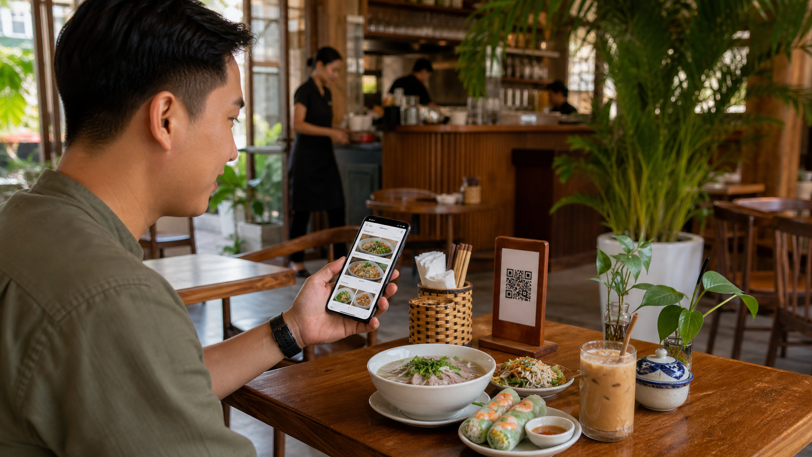 Khách hàng quét mã QR để xem menu điện tử tại một nhà hàng Việt Nam