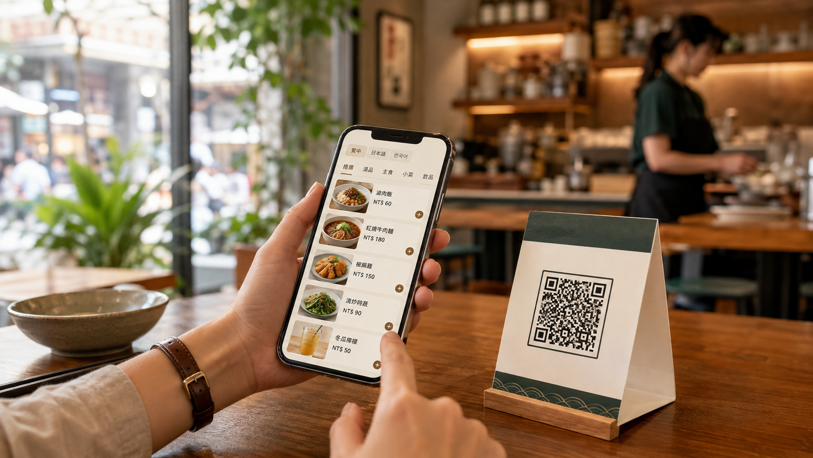 台灣餐廳顧客以手機掃描桌上 QR Code,瀏覽繁體中文數位菜單與新台幣價格