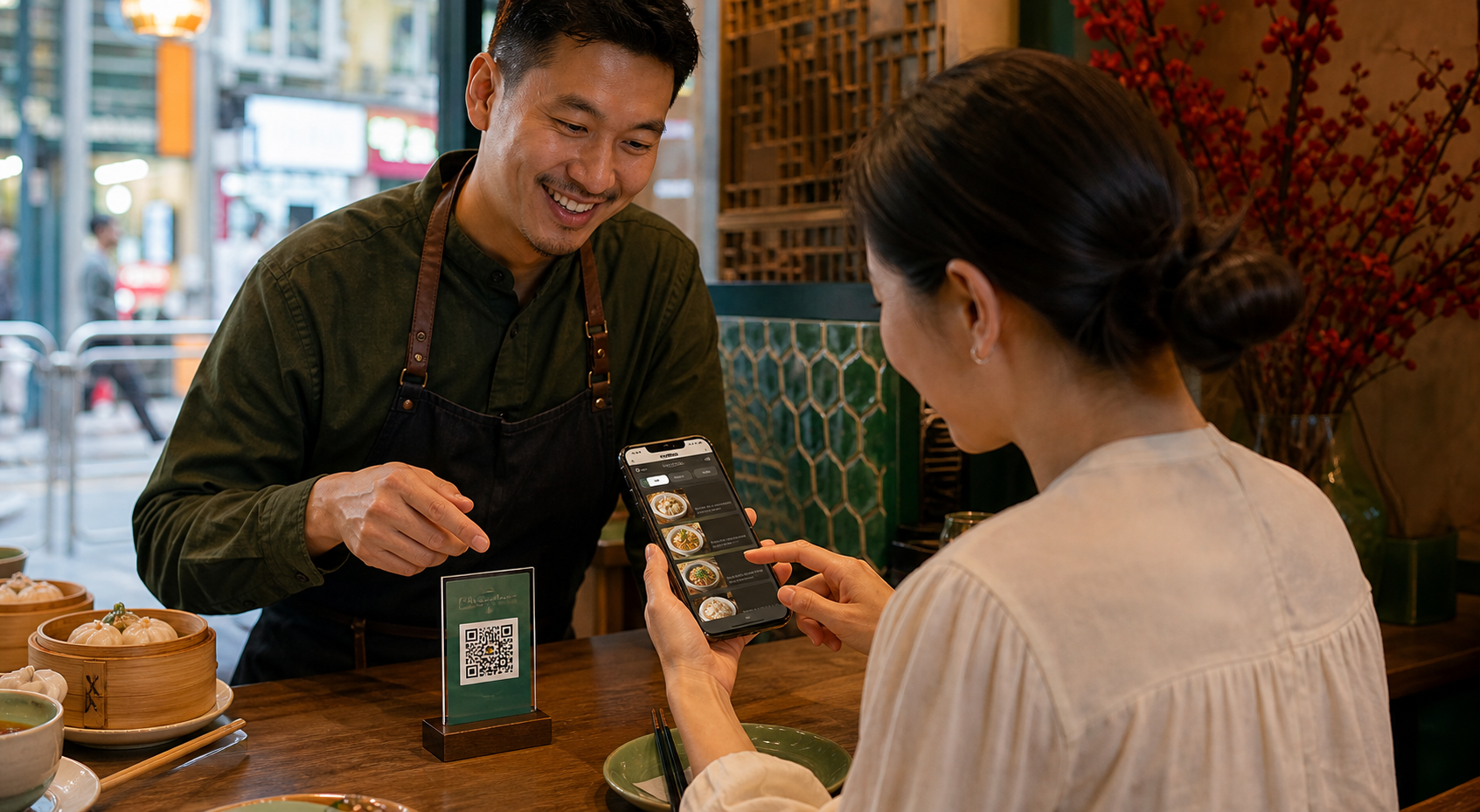香港餐廳顧客以手機瀏覽 QR Code 數碼餐牌,店主在旁協助