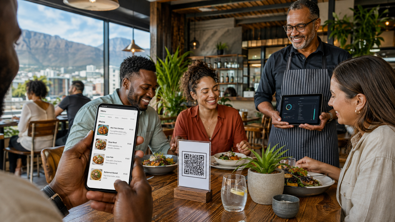 South African restaurant guests scanning a QR menu while a manager reviews the digital ordering dashboard