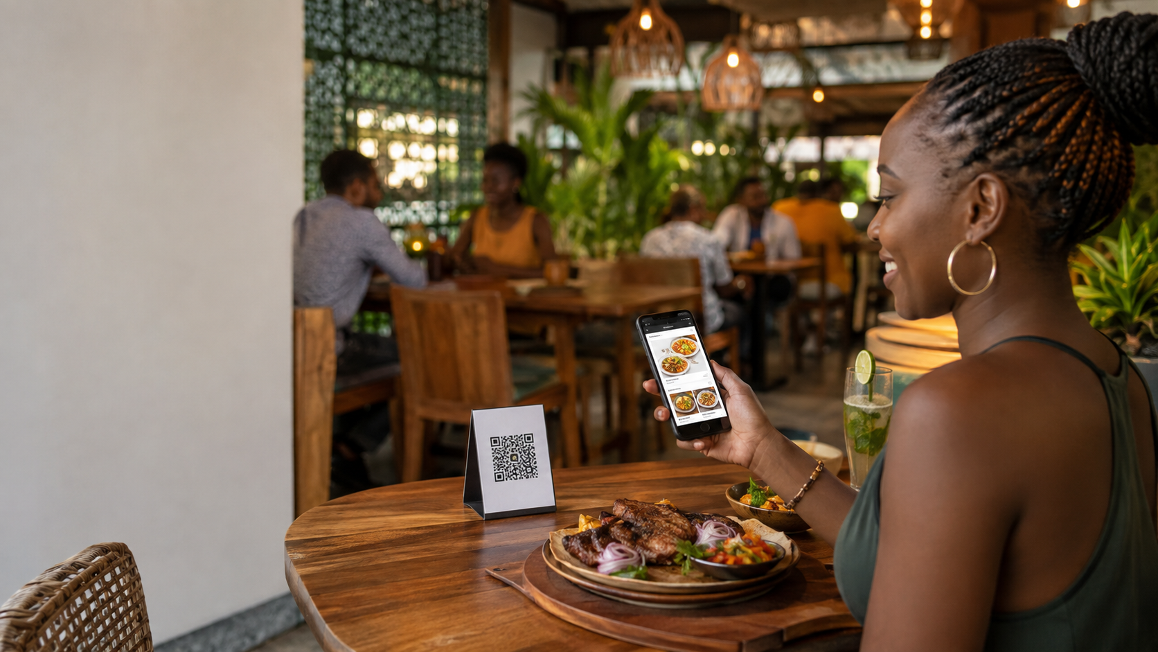 Kenyan restaurant guest scanning a QR menu beside a plate of nyama choma in a modern Nairobi dining room