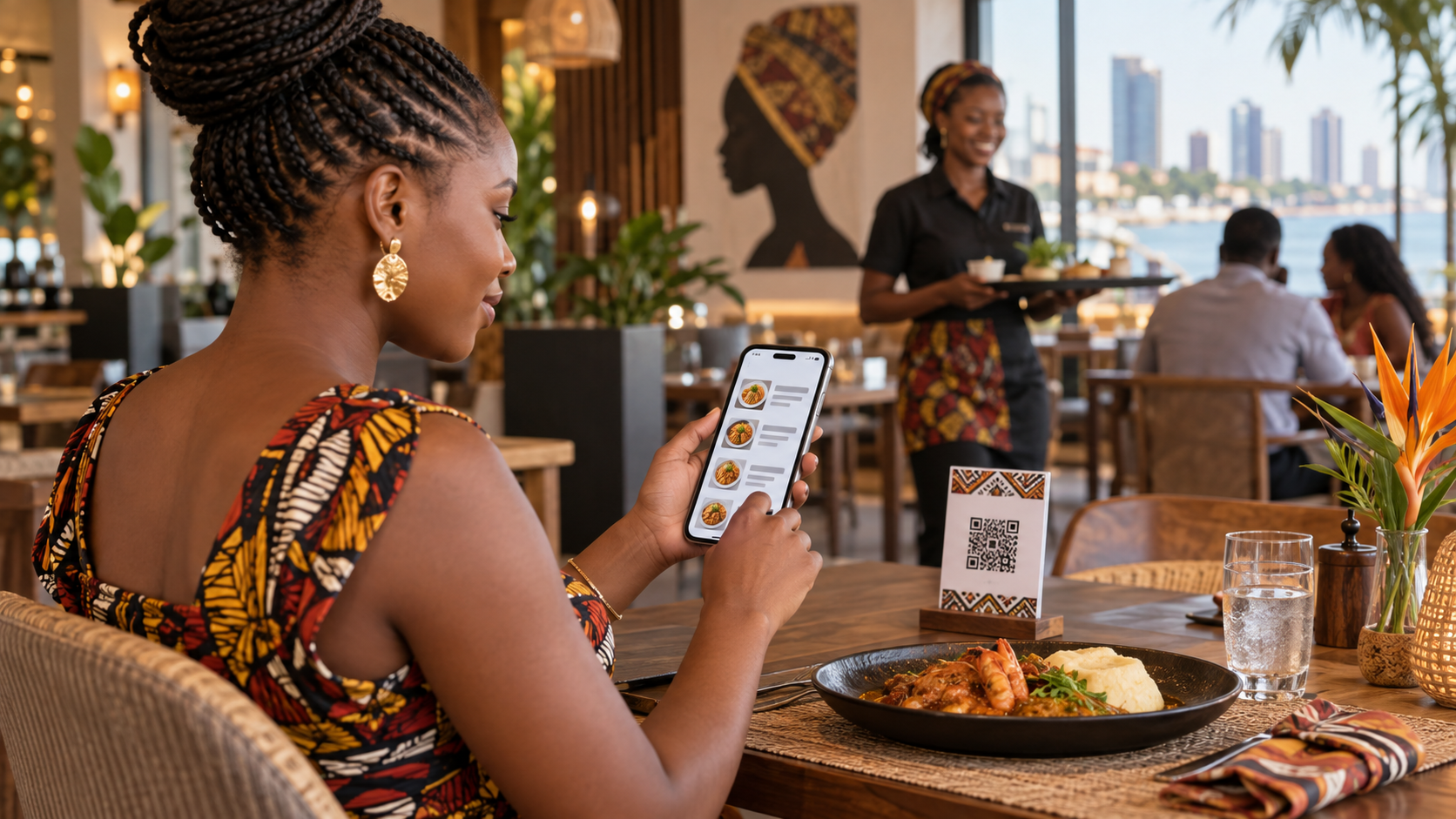 Cliente num restaurante em Luanda consulta um menu digital no telemóvel através de um código QR
