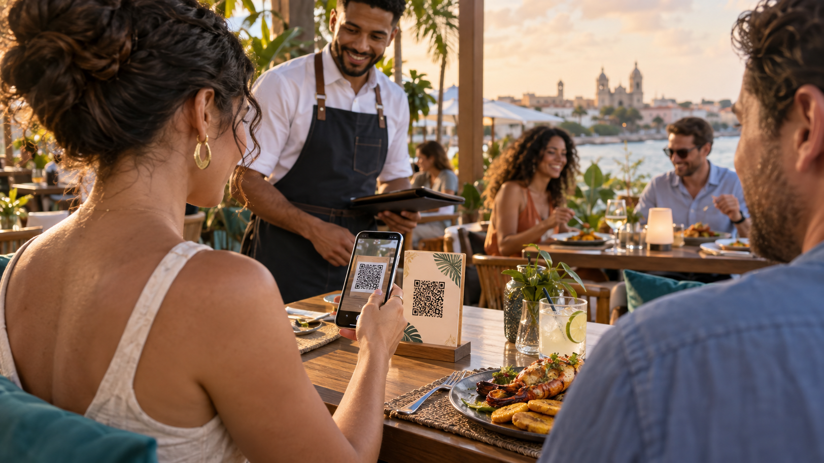 Cliente escaneando un menú QR en un restaurante de República Dominicana