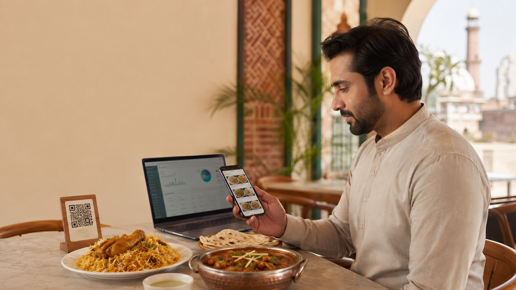 پاکستانی ریسٹورنٹ کا مالک MenuForma ڈیجیٹل مینو کے ساتھ QR کوڈ اسکین کر رہا ہے
