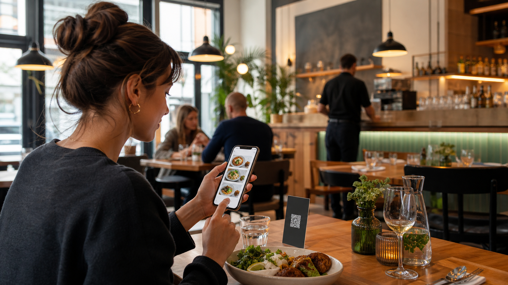 Gast in einem deutschen Restaurant scannt einen QR-Code und öffnet eine digitale Speisekarte auf dem Smartphone