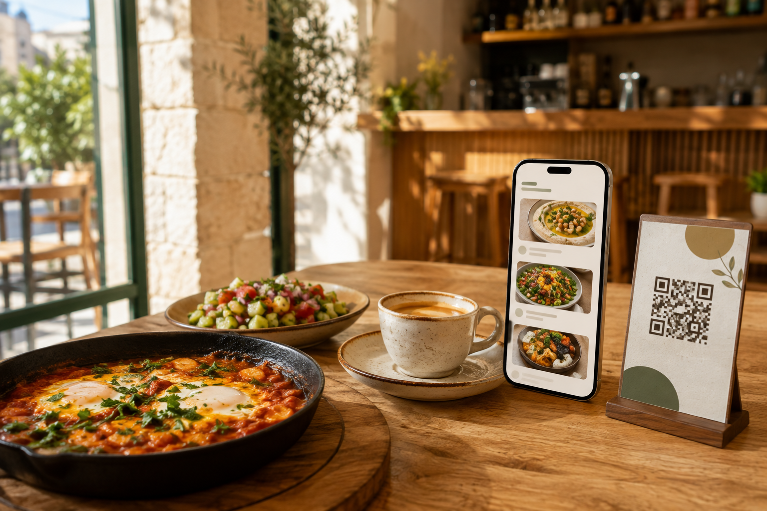 המחשה של תפריט דיגיטלי בטלפון לצד מעמד קוד QR, שקשוקה וקפה בבית קפה בישראל
