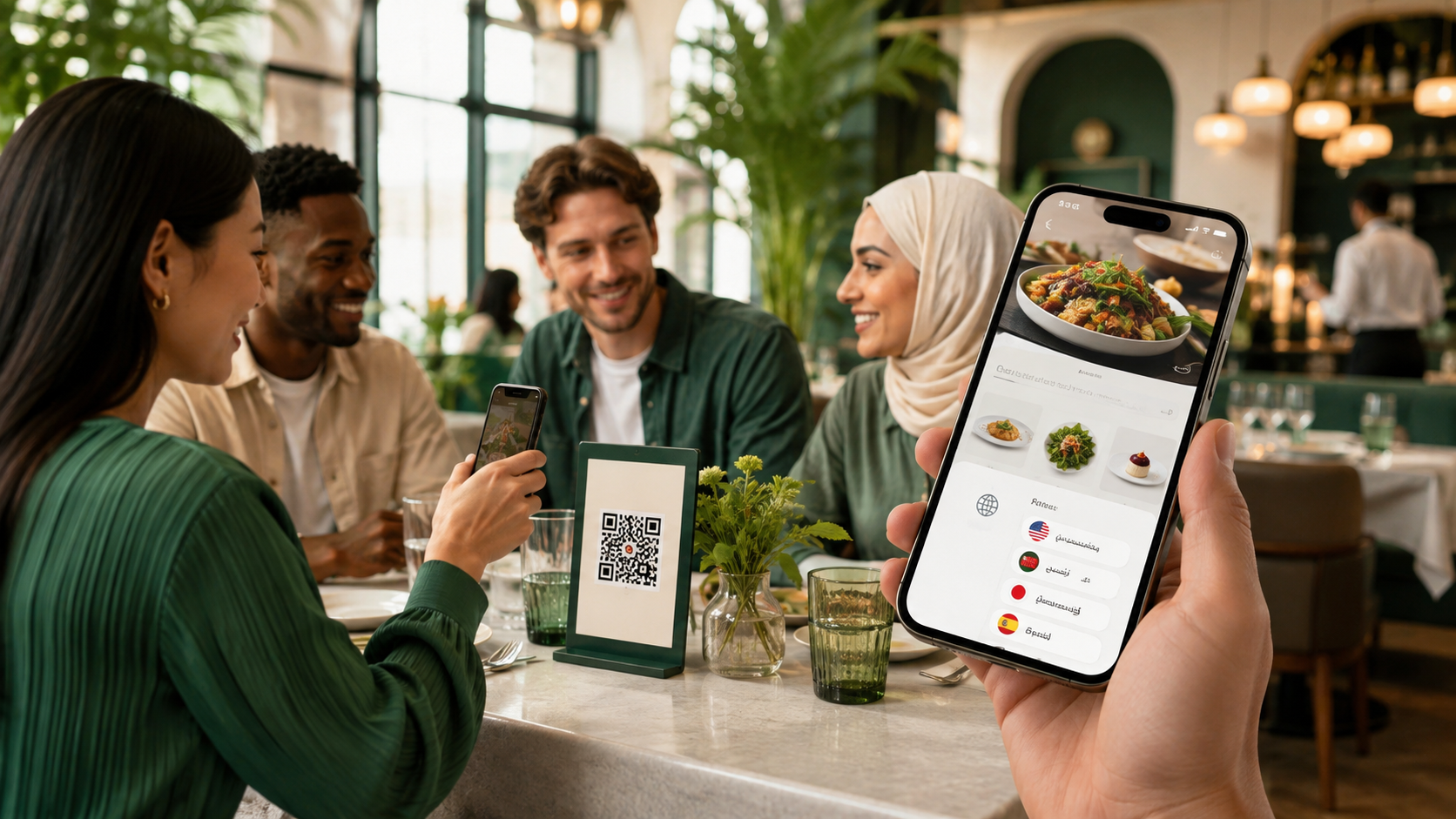 International restaurant guests using a multilingual QR menu with a language selector on a smartphone