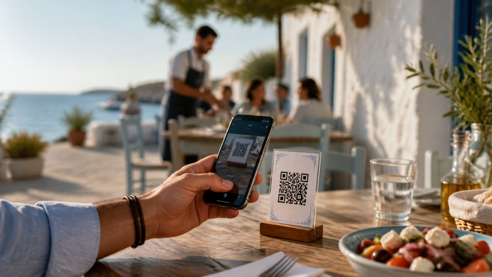 Πελάτης σαρώνει με κινητό ένα QR μενού σε παραθαλάσσια ελληνική ταβέρνα