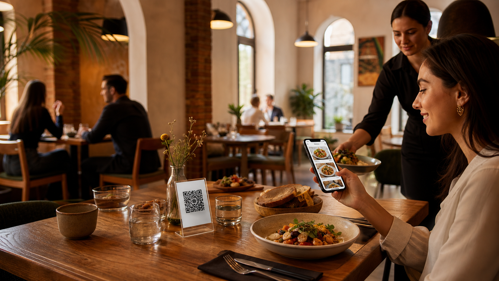 Clientă într-un restaurant din România care scanează un cod QR și consultă meniul digital pe telefon