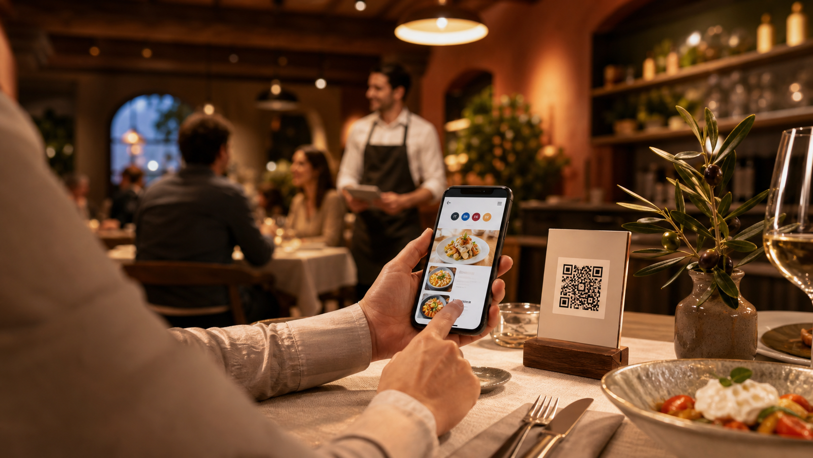 Cliente che consulta un menu QR multilingue in un ristorante italiano