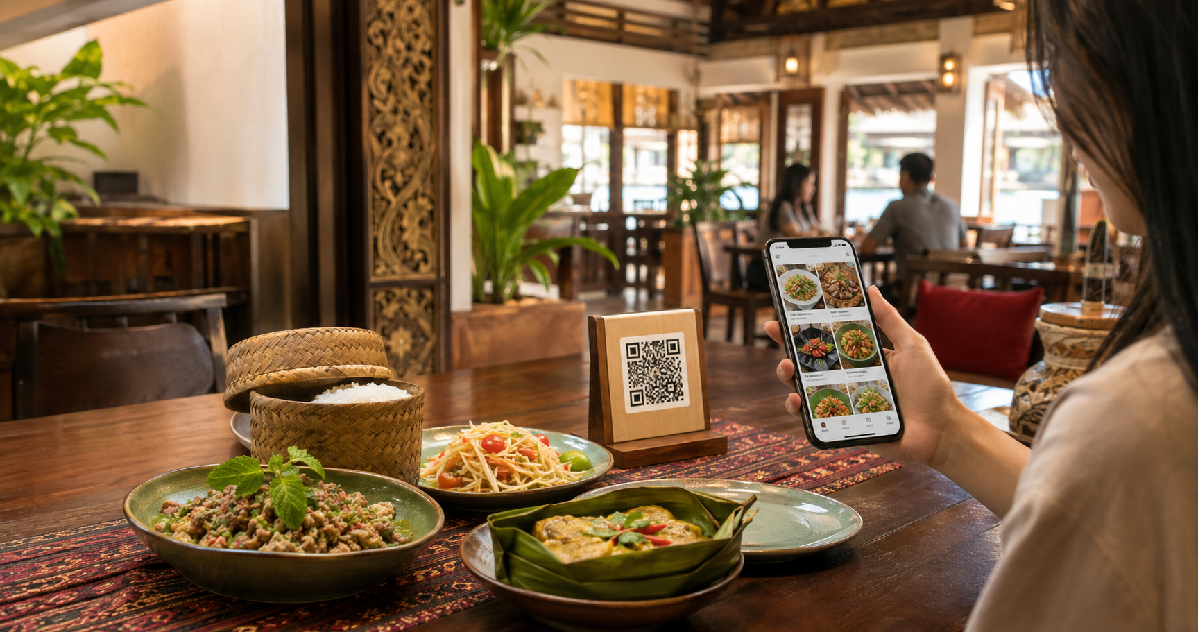 ລູກຄ້າສະແກນເມນູ QR ຢູ່ຮ້ານອາຫານລາວ ພ້ອມອາຫານລາວຢູ່ເທິງໂຕະ