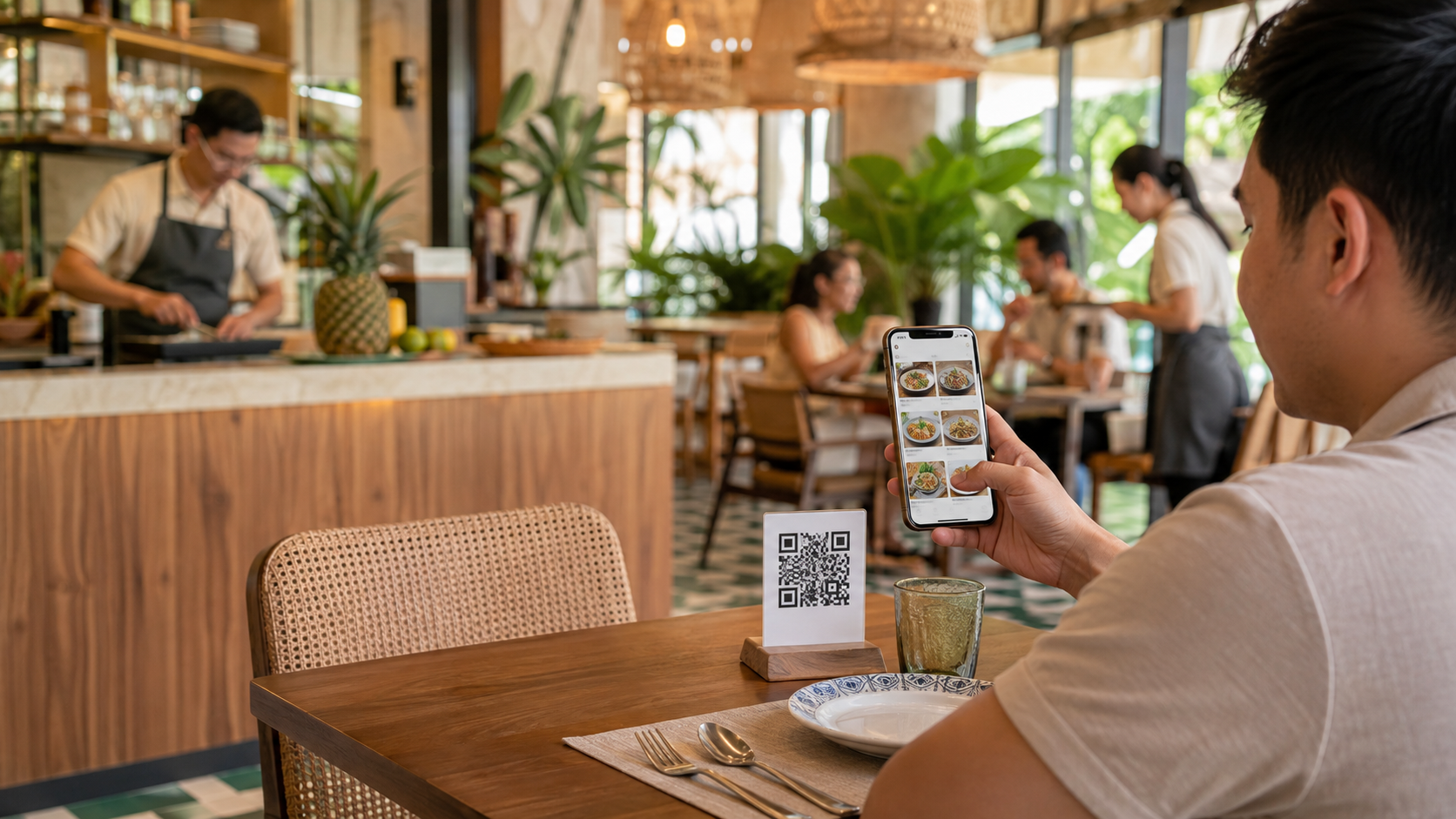 Customer na gumagamit ng multilingual na MenuForma QR menu sa isang modernong restaurant sa Pilipinas