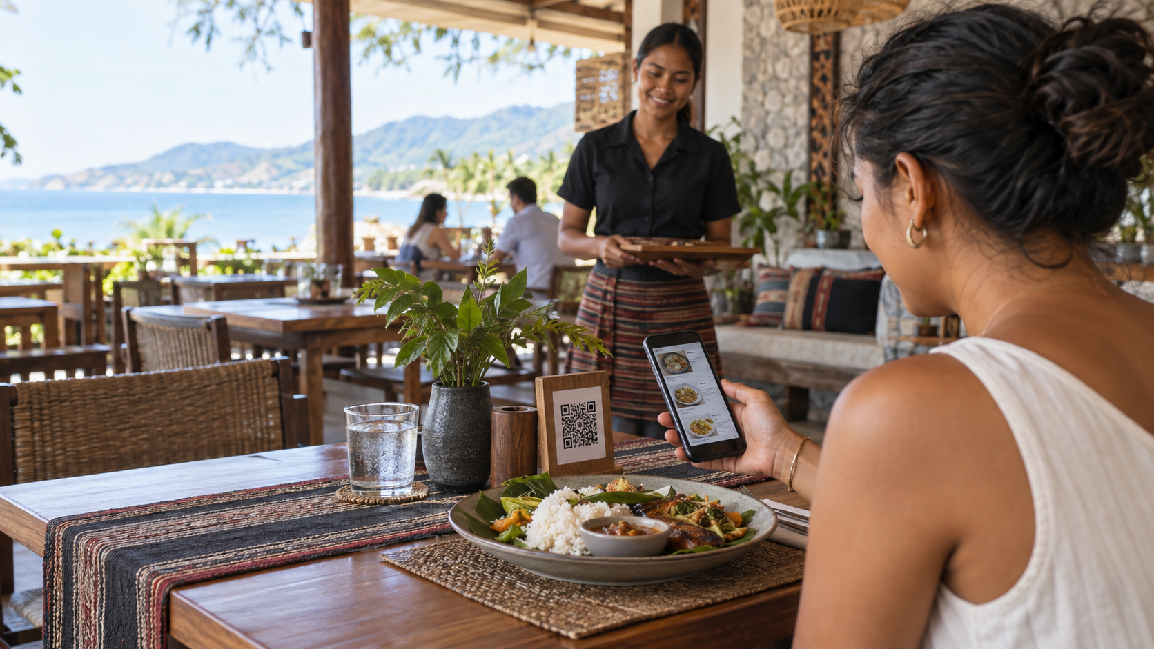 Cliente de un restaurante en Lima consulta un menú QR digital en español junto a un ceviche