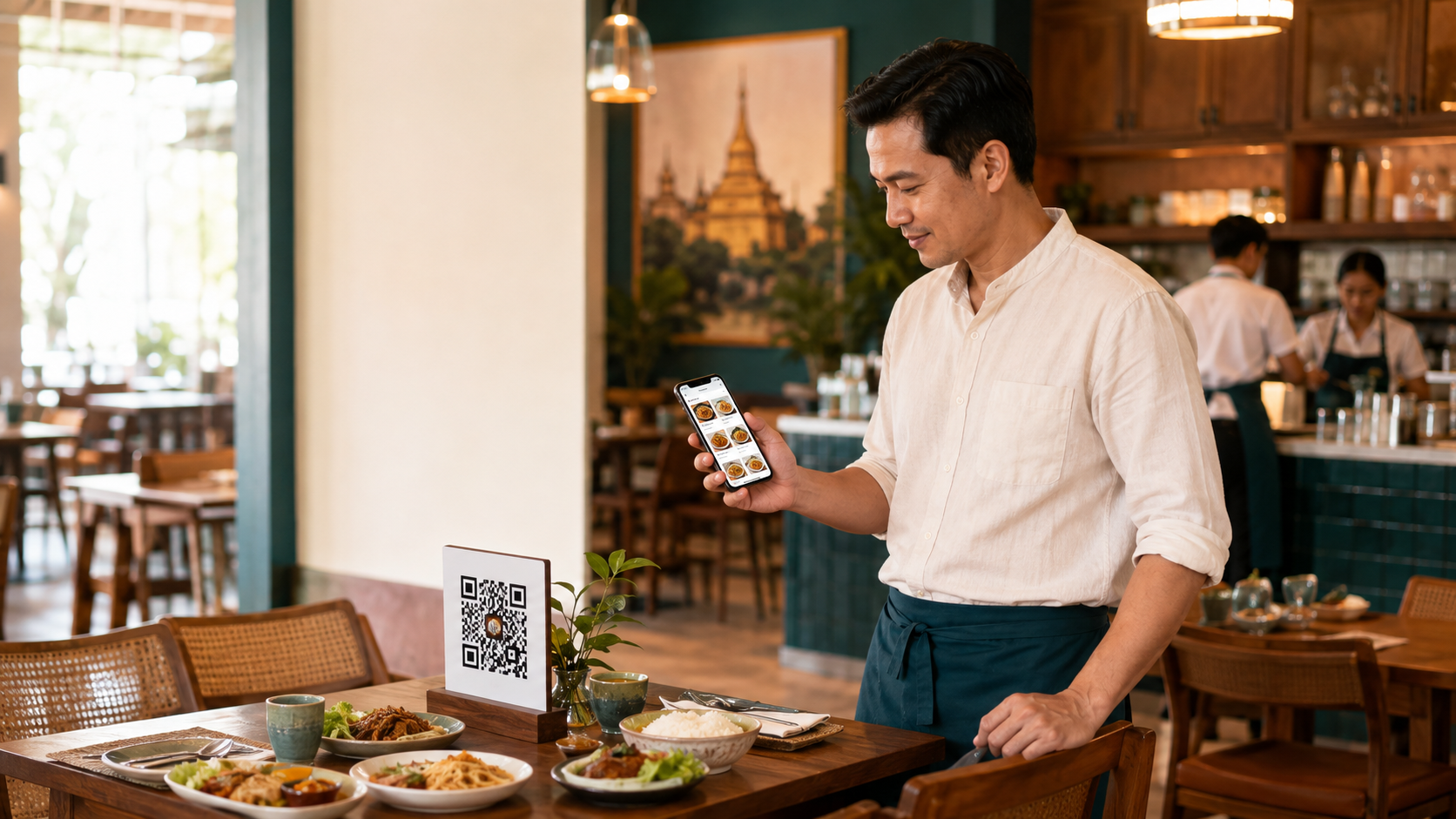 ရန်ကုန်ရှိ ခေတ်မီစားသောက်ဆိုင်တွင် MenuForma ဒစ်ဂျစ်တယ်မီနူးကို ဖုန်းဖြင့်ကြည့်နေသော စားသောက်ဆိုင်ပိုင်ရှင်နှင့် စားပွဲပေါ် QR ကုဒ်