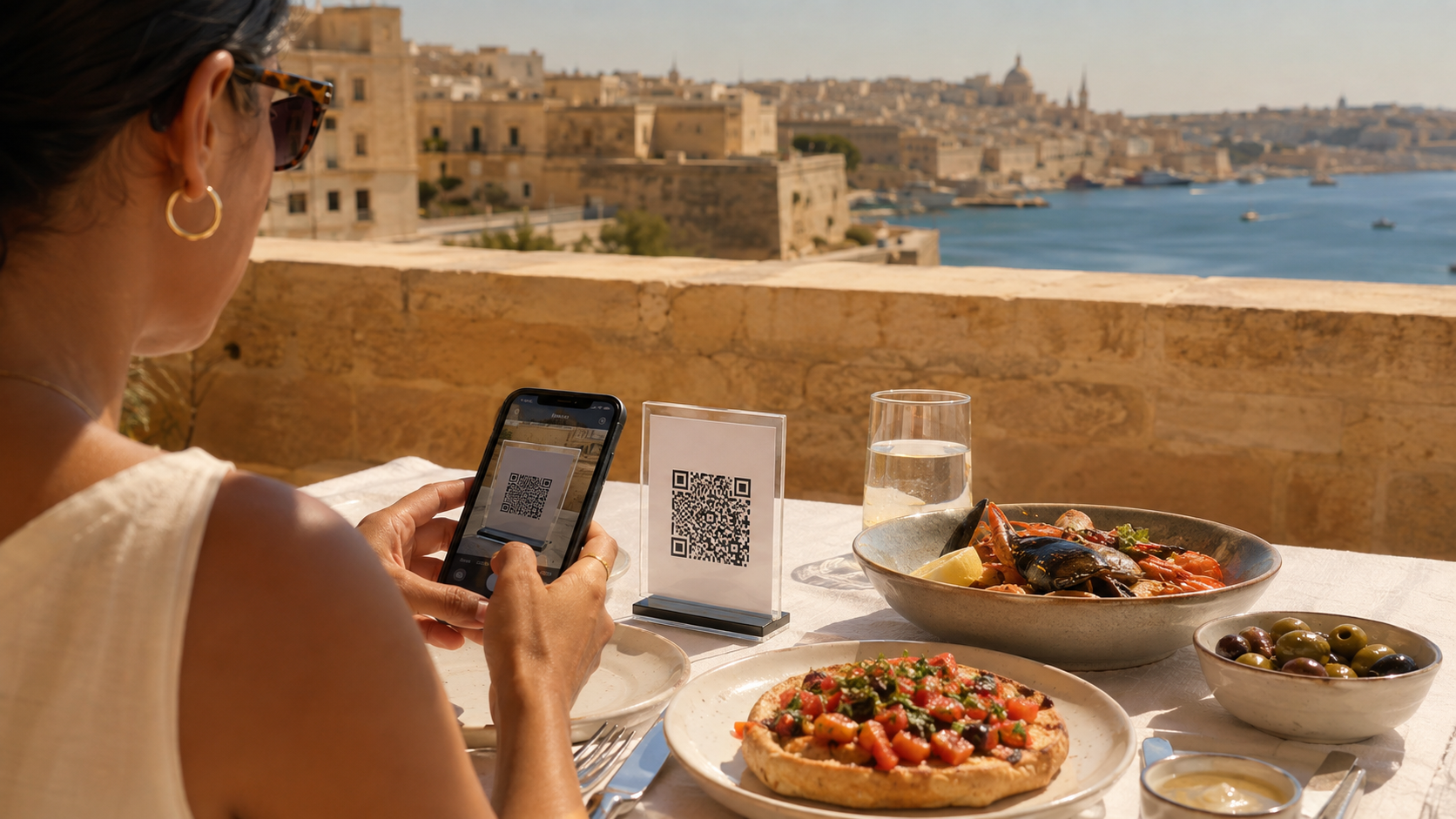 Restaurant guest scanning a QR menu at a Mediterranean terrace overlooking Valletta harbour in Malta