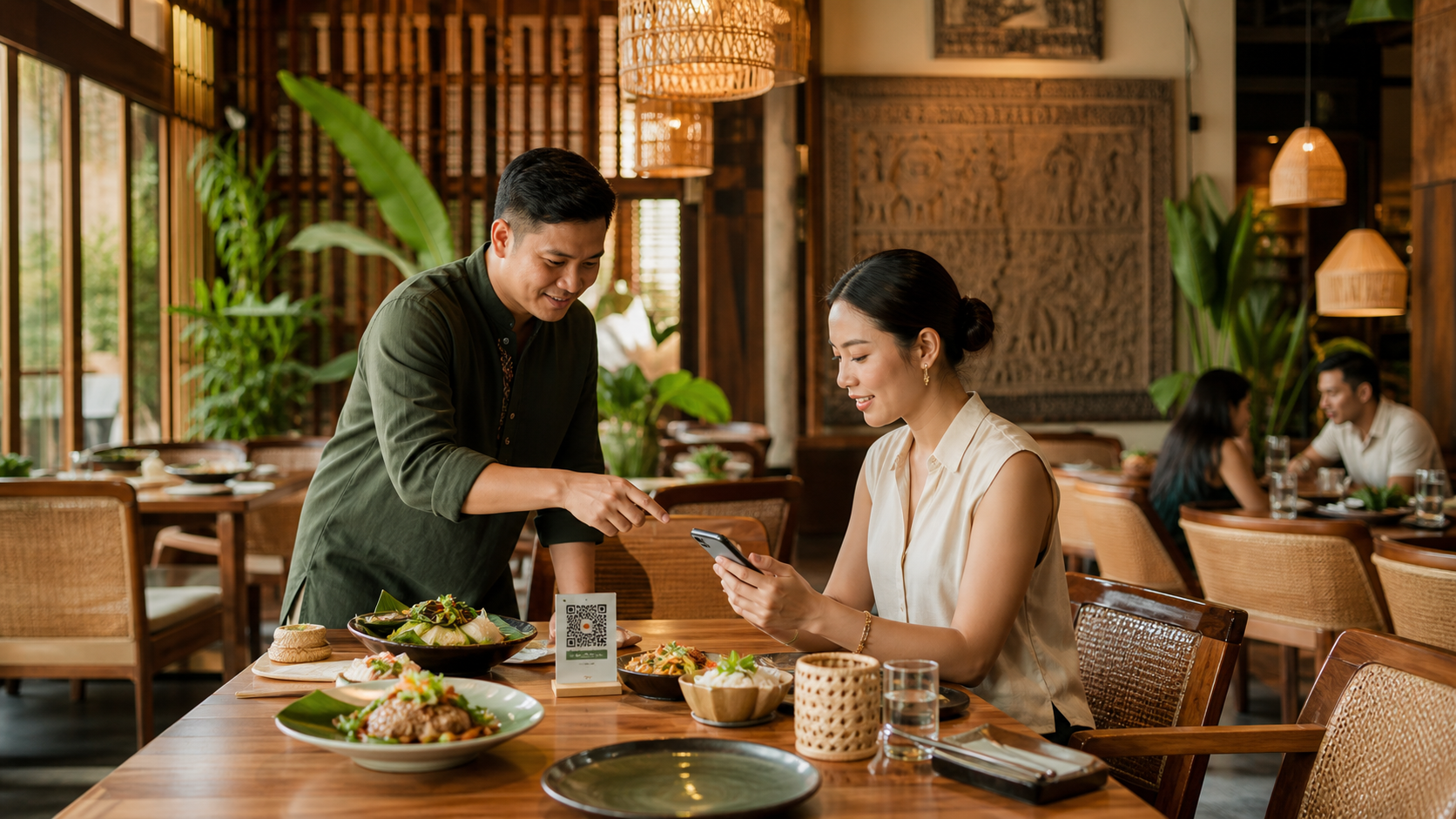 ម្ចាស់ភោជនីយដ្ឋានកម្ពុជាកំពុងជួយភ្ញៀវប្រើទូរស័ព្ទដើម្បីមើលម៉ឺនុយឌីជីថលតាម QR កូដ