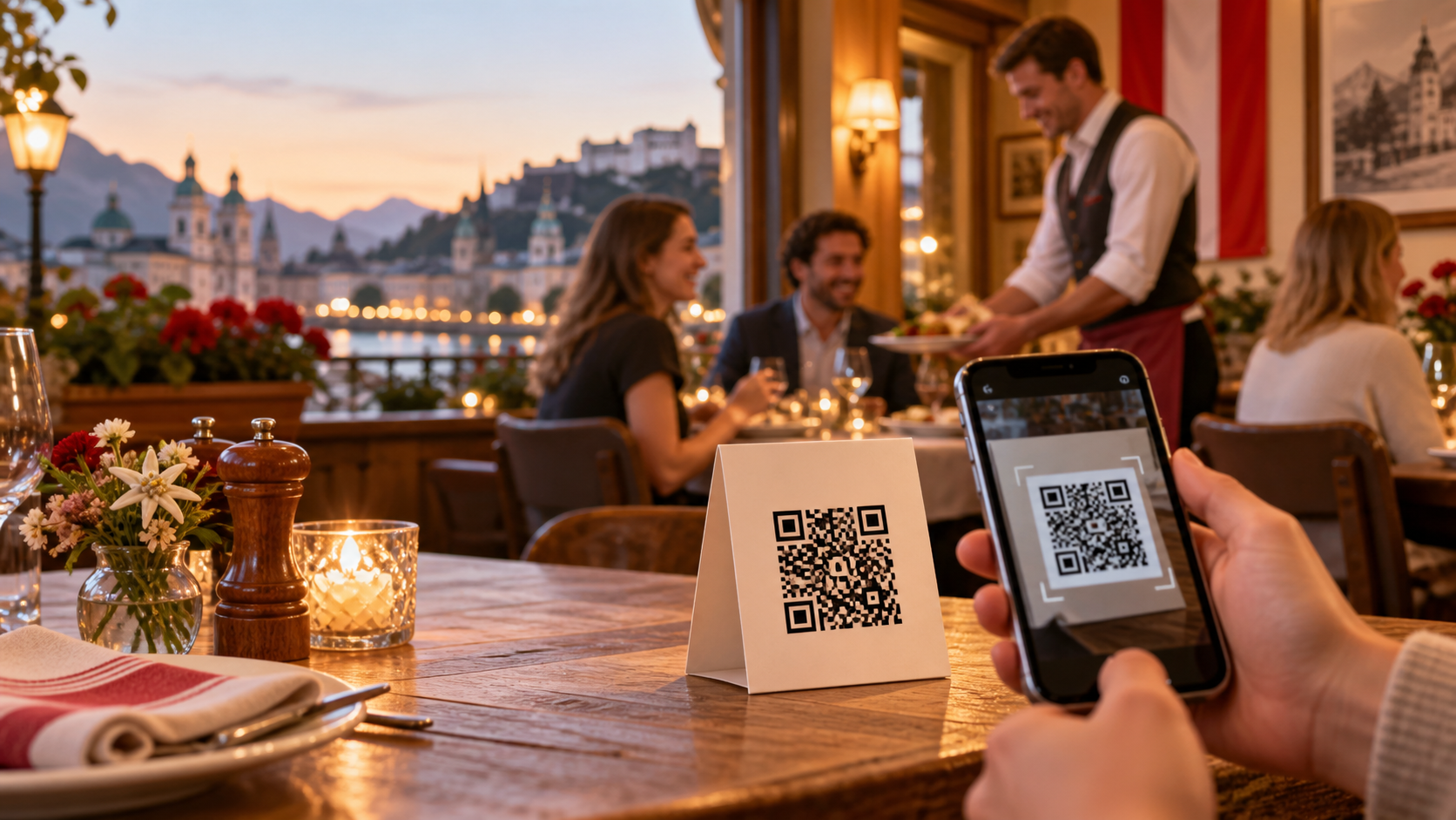 Gast scannt eine QR-Speisekarte in einem österreichischen Restaurant